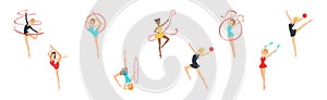 Woman Gymnast with Sport Hula Hoop and Ribbon Perform Gymnastics Pose Vector Set