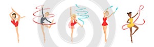 Woman Gymnast with Sport Ribbon Perform Gymnastics Pose Vector Set