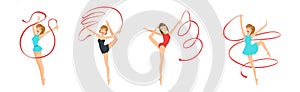 Woman Gymnast with Sport Ribbon Perform Gymnastics Pose Vector Set