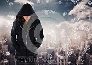 Woman hacker hooded standing on in front of digital background