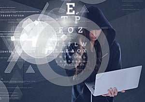 Woman hacker using a laptop in front of digital background