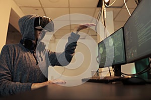 Woman hacking databse in metaverse, coding in vr glasses