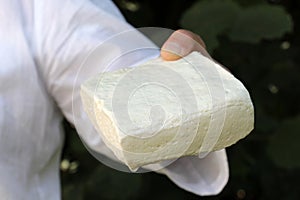 woman hadn holding block of sheep cheese