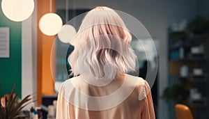 Woman hair back view on salon background. Female at hair studio. Hairstyling concept. Light pink blonde wavy short hairstyles.