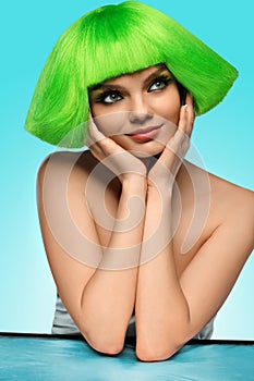 Woman Hair. Beauty Fashion Model With Funky Green Hairstyle And