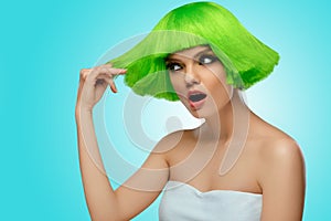 Woman Hair. Beauty Fashion Model With Funky Green HairstyleÃÅ½.Haircut.