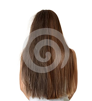 Woman before and after hair coloring on background