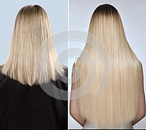 Woman before after hair extensions. Back view.