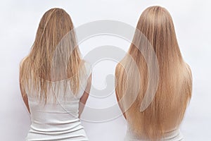 Woman before and after hair extensions on white background. Hair extension, beauty, tress, hair growth, styling, salon concept. photo