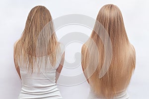 Woman before and after hair extensions on white background. Hair extension, beauty, tress, hair growth, styling, salon concept.