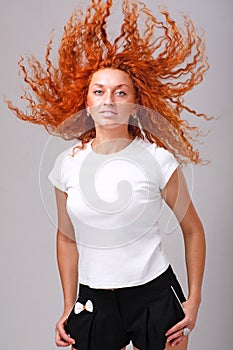 Woman with hair flying