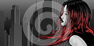 Woman with hair flying on wind. City scape background. Vector image