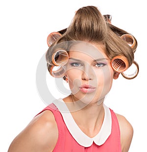 Woman in hair rollers