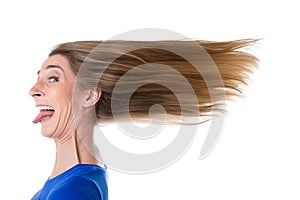 Woman hair ruffled by wind