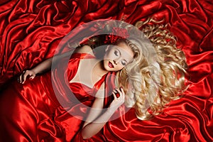 Woman Hair Style, Fashion Model Long Curly Hair, Girl Red Cloth