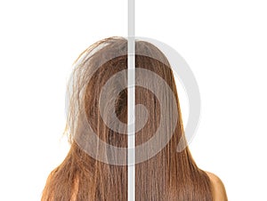 Woman before and after hair treatment