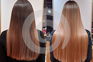 Woman before and after hair treatment. Sick, cut and healthy hair care straightening. Generative AI