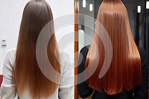 Woman before and after hair treatment. Sick, cut and healthy hair care straightening. Generative AI