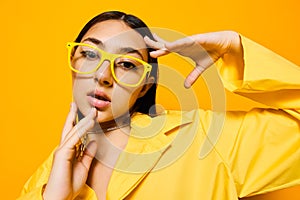 woman hair trendy attractive lifestyle girl fashion long beautiful young yellow glasses