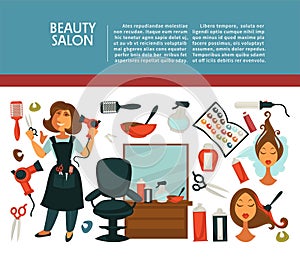 Woman hairdresser beauty salon poster flat design for hair coloring and styling.