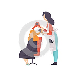 Woman Hairdresser Character Drying Hair of Woman at Beauty Saloon, Female Barber Character Vector Illustration