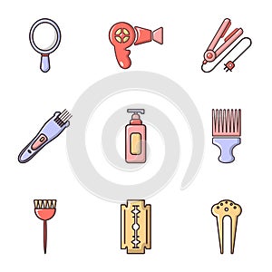 Woman hairdresser tools icons set, flat style