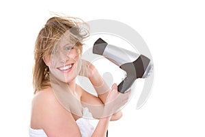 Woman with hairdryer