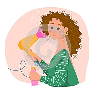 Woman with hairdryer and cosmetics for wavy, curl hair. CGM.