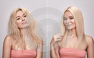 Woman before and after Hairstyle. Funny girl with pout face and happy face. Keratin treatment for gloss straight hair photo