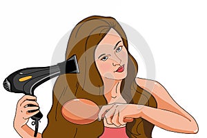 Woman half body combing her hair and hair sprey bottle