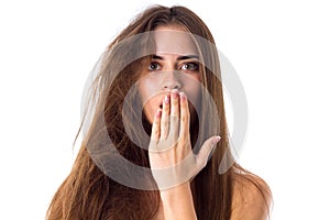 Woman with half of hair straight and half tangled