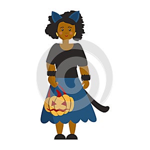 Woman in Halloweeen cat costume with a pumpkin Cartoon illustration