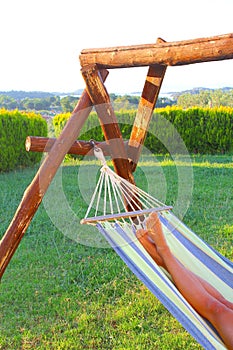 Woman hammock relaxing garden, Chalkidiki, Greece