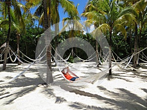 Woman in Hammock in White Sand - Palm Trees - Tropical Beach