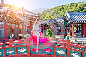 Woman with Hanbok in Gyeongbokgung, the traditional Korean dress.