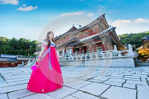 Woman with Hanbok in Gyeongbokgung,the traditional Korean dress.