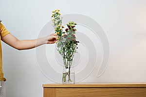 Woman hand arrange Colorful flowers bouquet in mason jar on table background. Happy day with fresh flower