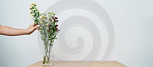 Woman hand arrange Colorful flowers bouquet in mason jar on table background. Happy day with fresh flower