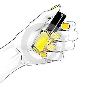 Woman hand with a beautiful french manicure holding nail polish. Fashion illustration