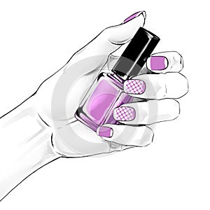 Woman hand with a beautiful french manicure holding nail polish. Fashion illustration