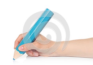 Woman hand with big blue wooden pencil