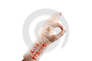 Woman hand bone broken from accident emergency hand ok sign word you are stronger than you think concept