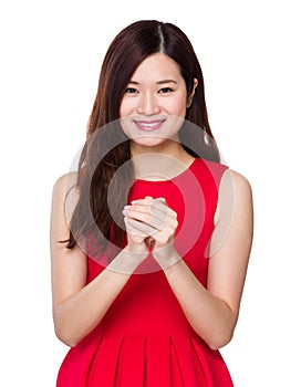 Woman with hand celebration gesture