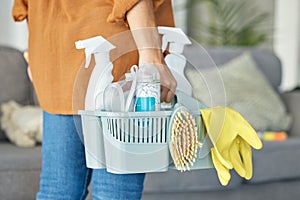 Woman, hand or cleaning bucket of housekeeping product, hotel maintenance or home healthcare wellness. Zoom, cleaner or