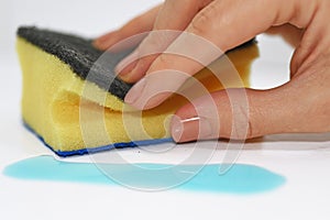 Woman hand with cleaning sponge and blue liquid.