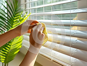 Woman hand cleaning window blinds with rag indoors photo
