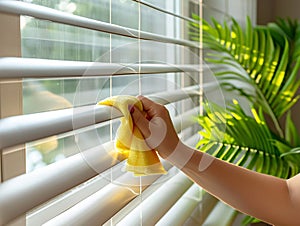 Woman hand cleaning window blinds with rag indoors photo