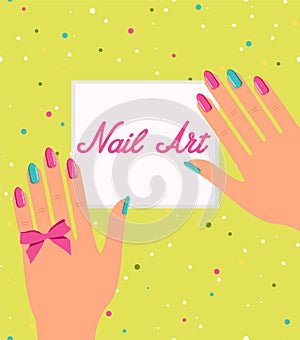 Woman hand with colorful fingernails. Gift certificate