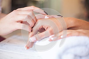 Woman Hand Cream. Close up of hands with cream or therapeutic salve