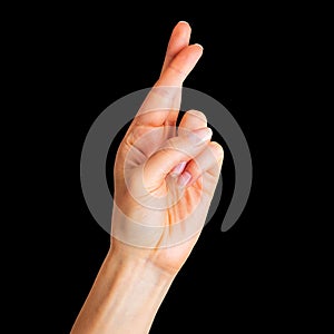 Woman hand with crossed fingers, gesture of good luck symbol